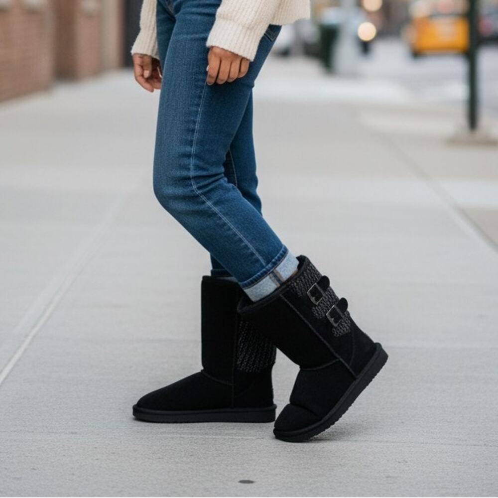 Cozy BearPaw Girls Bushie Black Suede Sheepskin Lined Boots - Size 1